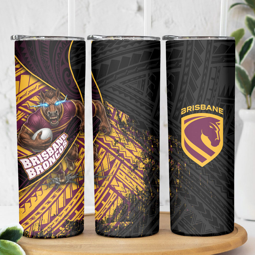 Brisbane Broncos Rugby Skinny Tumbler Tribal Polynesian Power Art - Lightning Mascot
