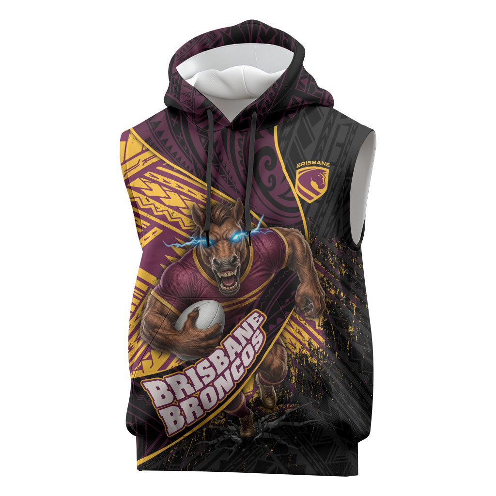 Brisbane Broncos Rugby Sleeveless Hoodie Tribal Polynesian Power Art - Lightning Mascot