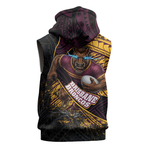 Brisbane Broncos Rugby Sleeveless Hoodie Tribal Polynesian Power Art - Lightning Mascot