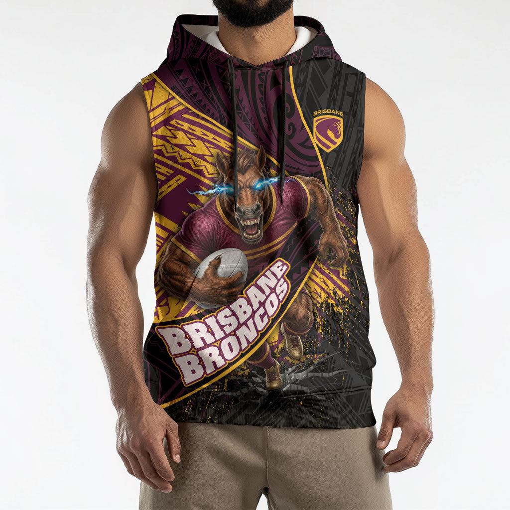 Brisbane Broncos Rugby Sleeveless Hoodie Tribal Polynesian Power Art - Lightning Mascot
