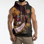 Brisbane Broncos Rugby Sleeveless Hoodie Tribal Polynesian Power Art - Lightning Mascot