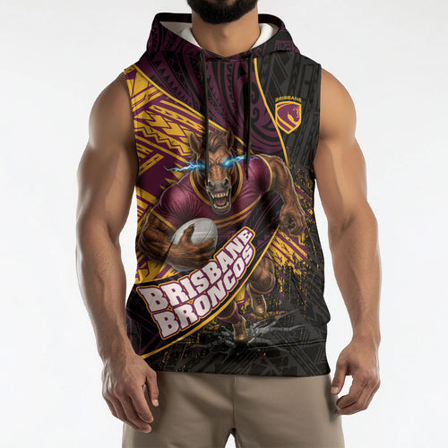 Brisbane Broncos Rugby Sleeveless Hoodie Tribal Polynesian Power Art - Lightning Mascot