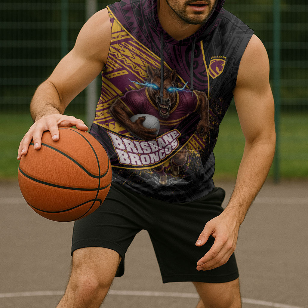 Brisbane Broncos Rugby Sleeveless Hoodie Tribal Polynesian Power Art - Lightning Mascot
