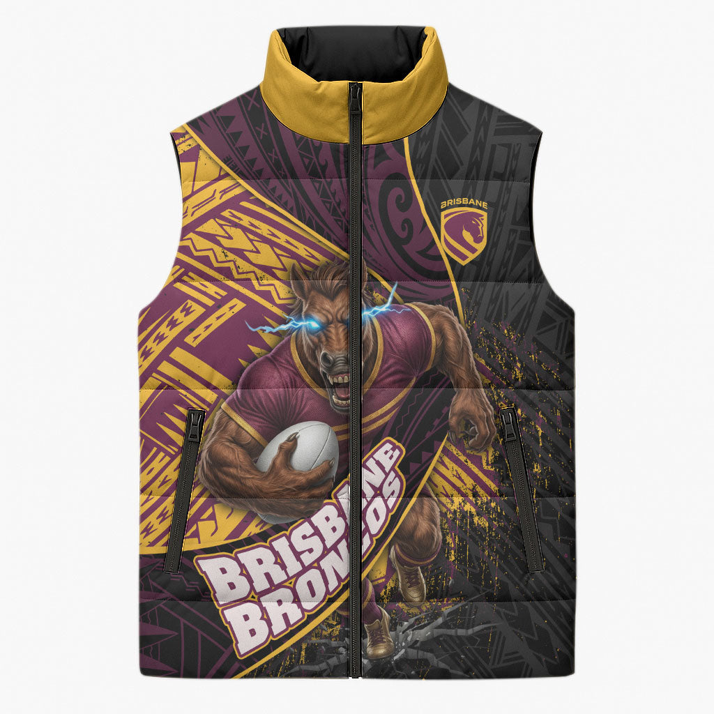 Brisbane Broncos Rugby Sleeveless Puffer Jacket Tribal Polynesian Power Art - Lightning Mascot