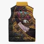 Brisbane Broncos Rugby Sleeveless Puffer Jacket Tribal Polynesian Power Art - Lightning Mascot