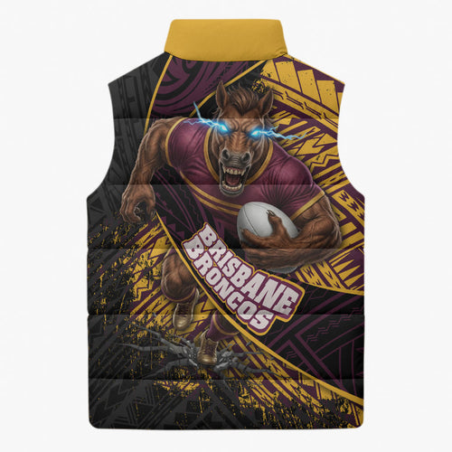 Brisbane Broncos Rugby Sleeveless Puffer Jacket Tribal Polynesian Power Art - Lightning Mascot