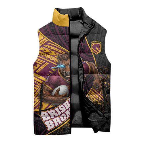 Brisbane Broncos Rugby Sleeveless Puffer Jacket Tribal Polynesian Power Art - Lightning Mascot