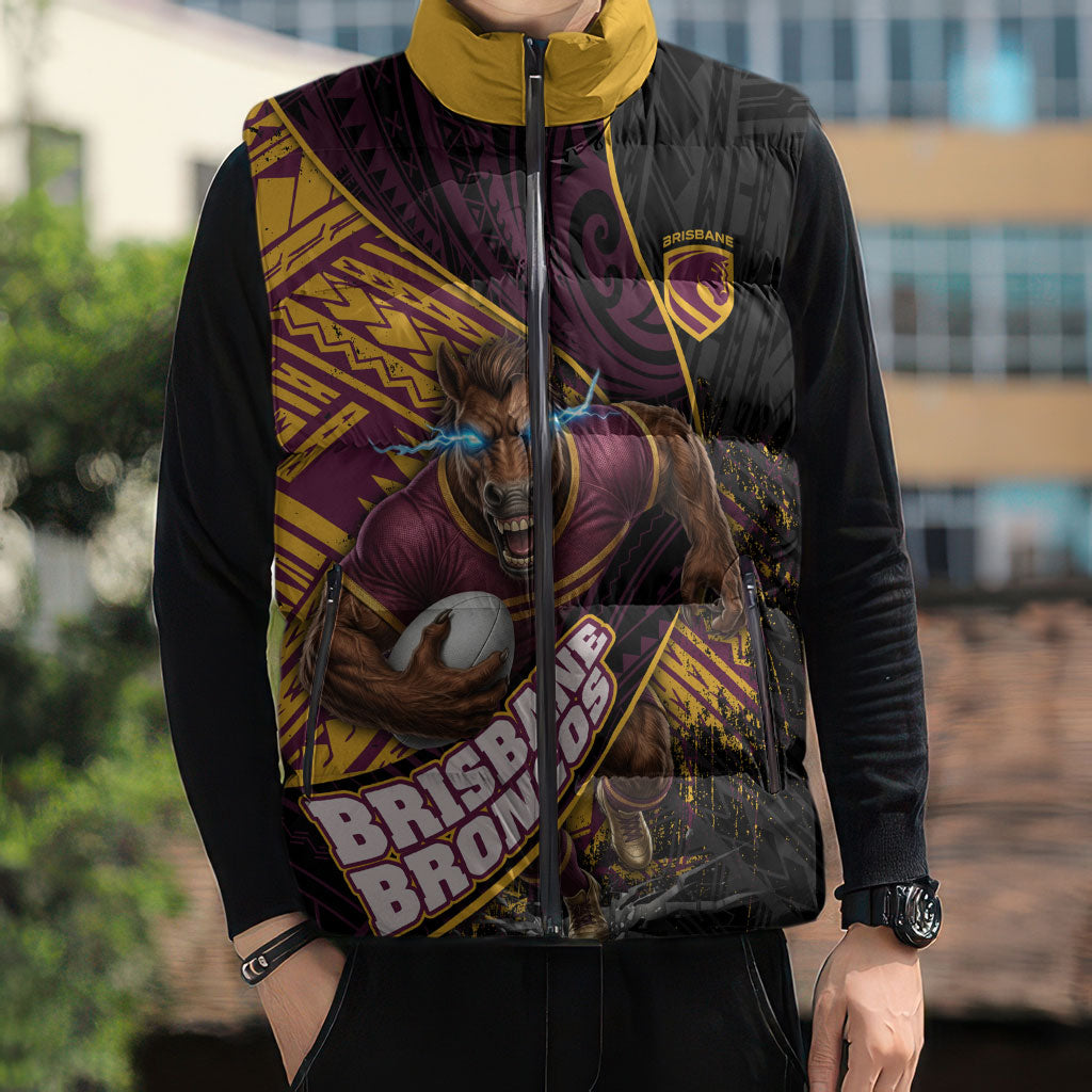 Brisbane Broncos Rugby Sleeveless Puffer Jacket Tribal Polynesian Power Art - Lightning Mascot