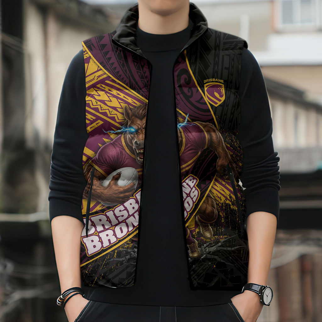 Brisbane Broncos Rugby Sleeveless Puffer Jacket Tribal Polynesian Power Art - Lightning Mascot