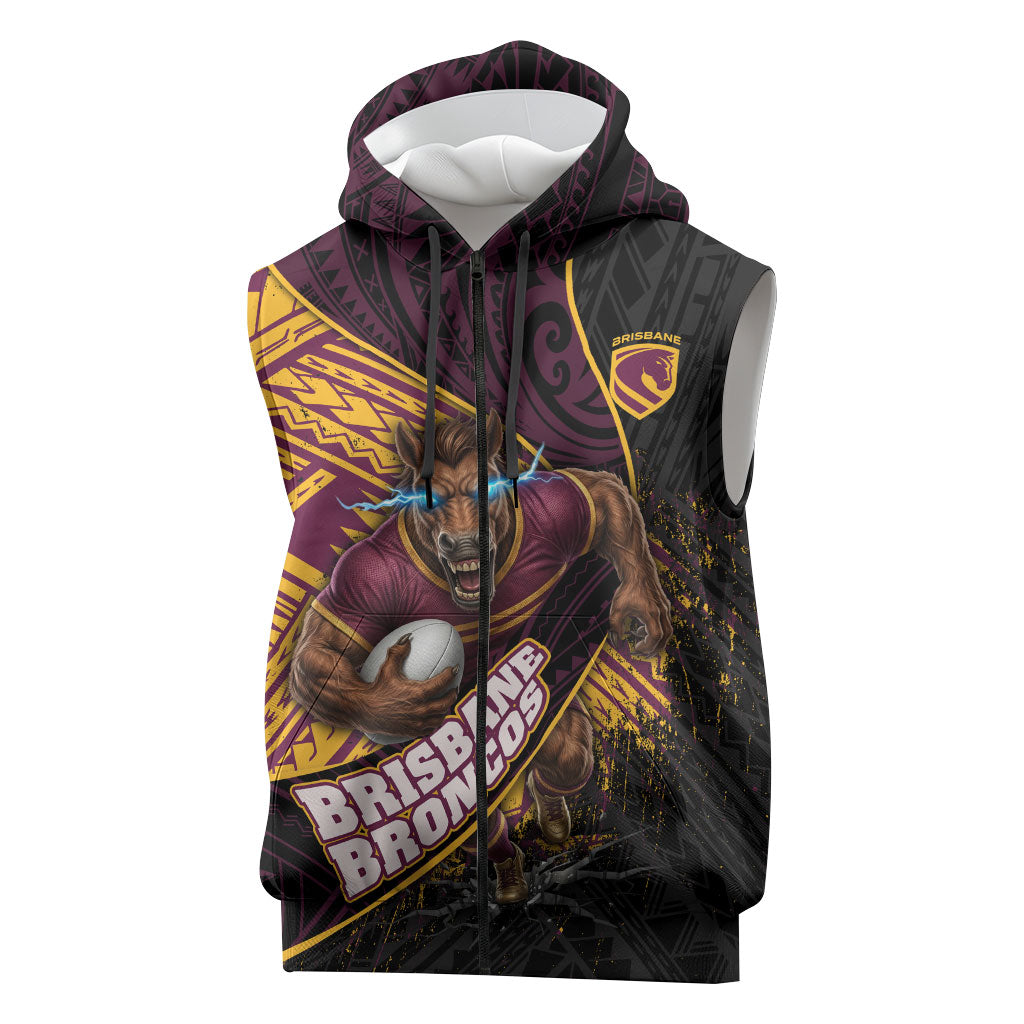 Brisbane Broncos Rugby Sleeveless Zip Hoodie Tribal Polynesian Power Art - Lightning Mascot