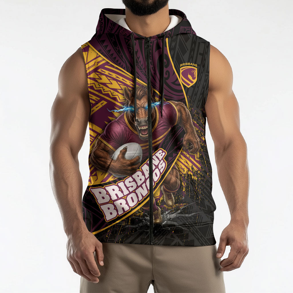 Brisbane Broncos Rugby Sleeveless Zip Hoodie Tribal Polynesian Power Art - Lightning Mascot