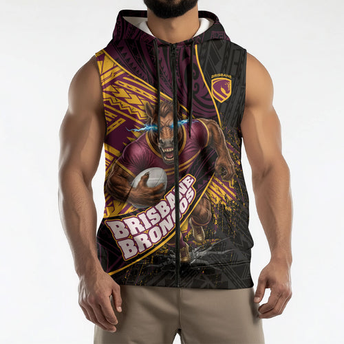 Brisbane Broncos Rugby Sleeveless Zip Hoodie Tribal Polynesian Power Art - Lightning Mascot