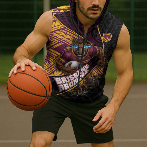 Brisbane Broncos Rugby Sleeveless Zip Hoodie Tribal Polynesian Power Art - Lightning Mascot