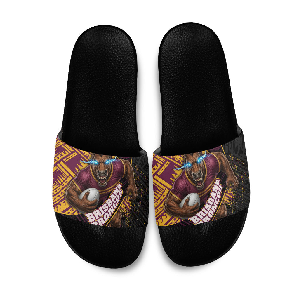 Brisbane Broncos Rugby Slide Sandals Tribal Polynesian Power Art - Lightning Mascot