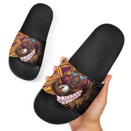Brisbane Broncos Rugby Slide Sandals Tribal Polynesian Power Art - Lightning Mascot