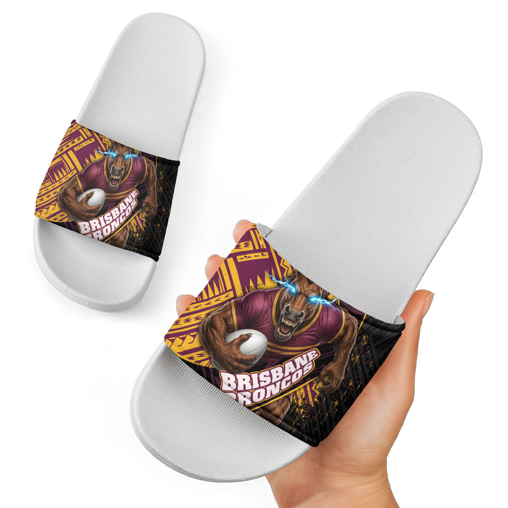 Brisbane Broncos Rugby Slide Sandals Tribal Polynesian Power Art - Lightning Mascot