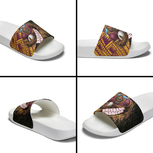 Brisbane Broncos Rugby Slide Sandals Tribal Polynesian Power Art - Lightning Mascot