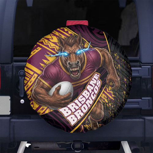 Brisbane Broncos Rugby Spare Tire Cover Tribal Polynesian Power Art - Lightning Mascot