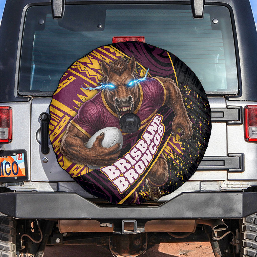 Brisbane Broncos Rugby Spare Tire Cover Tribal Polynesian Power Art - Lightning Mascot