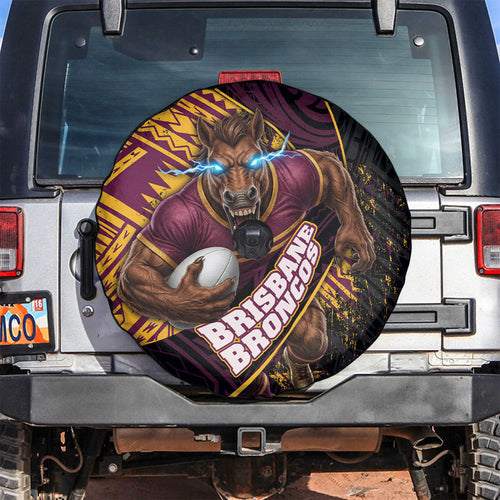 Brisbane Broncos Rugby Spare Tire Cover Tribal Polynesian Power Art - Lightning Mascot