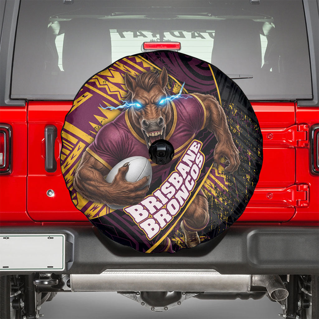 Brisbane Broncos Rugby Spare Tire Cover Tribal Polynesian Power Art - Lightning Mascot