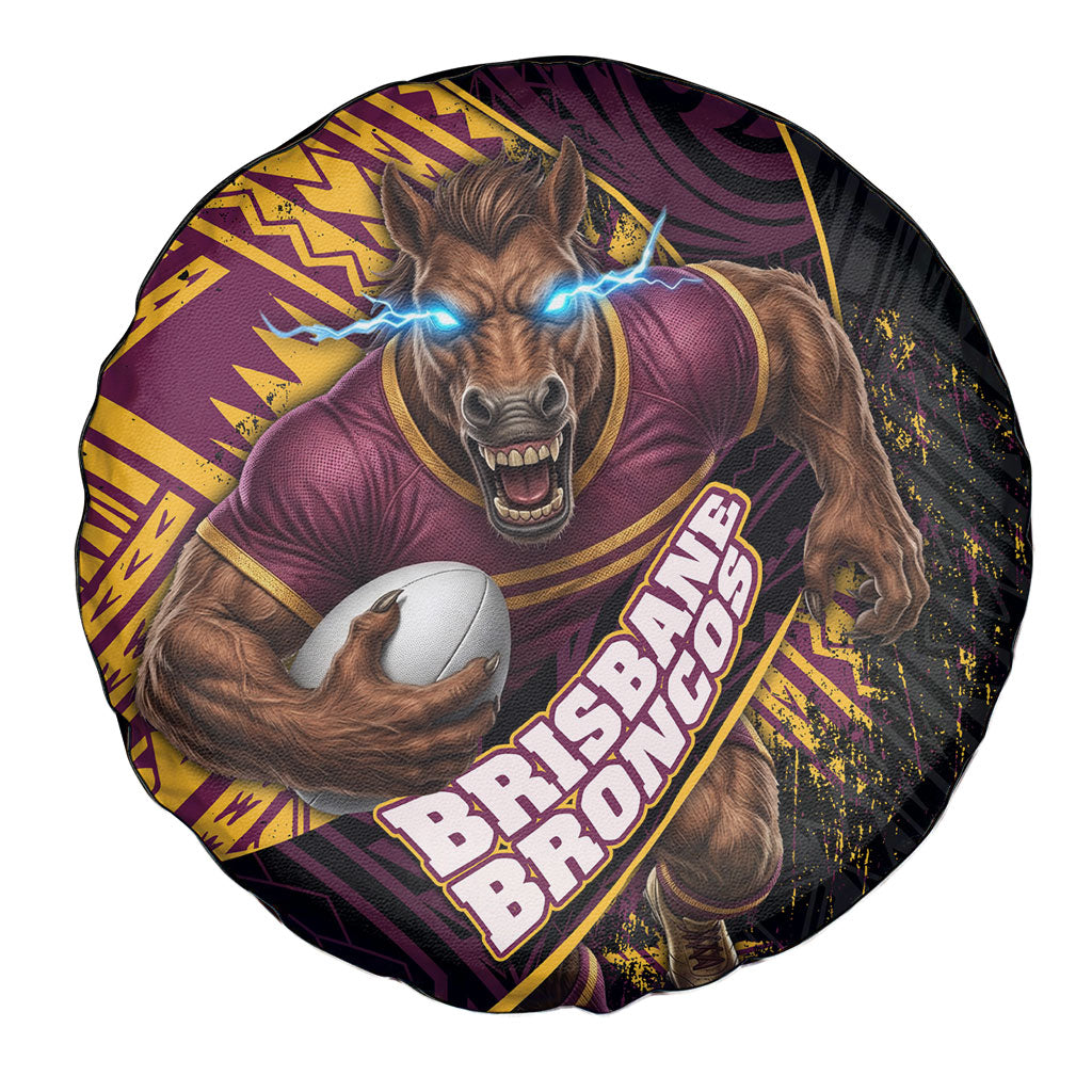 Brisbane Broncos Rugby Spare Tire Cover Tribal Polynesian Power Art - Lightning Mascot