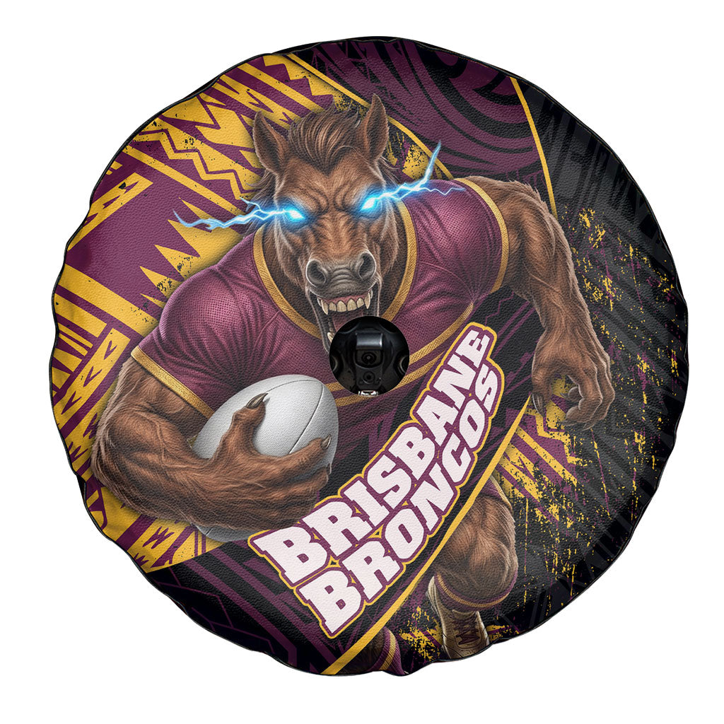 Brisbane Broncos Rugby Spare Tire Cover Tribal Polynesian Power Art - Lightning Mascot