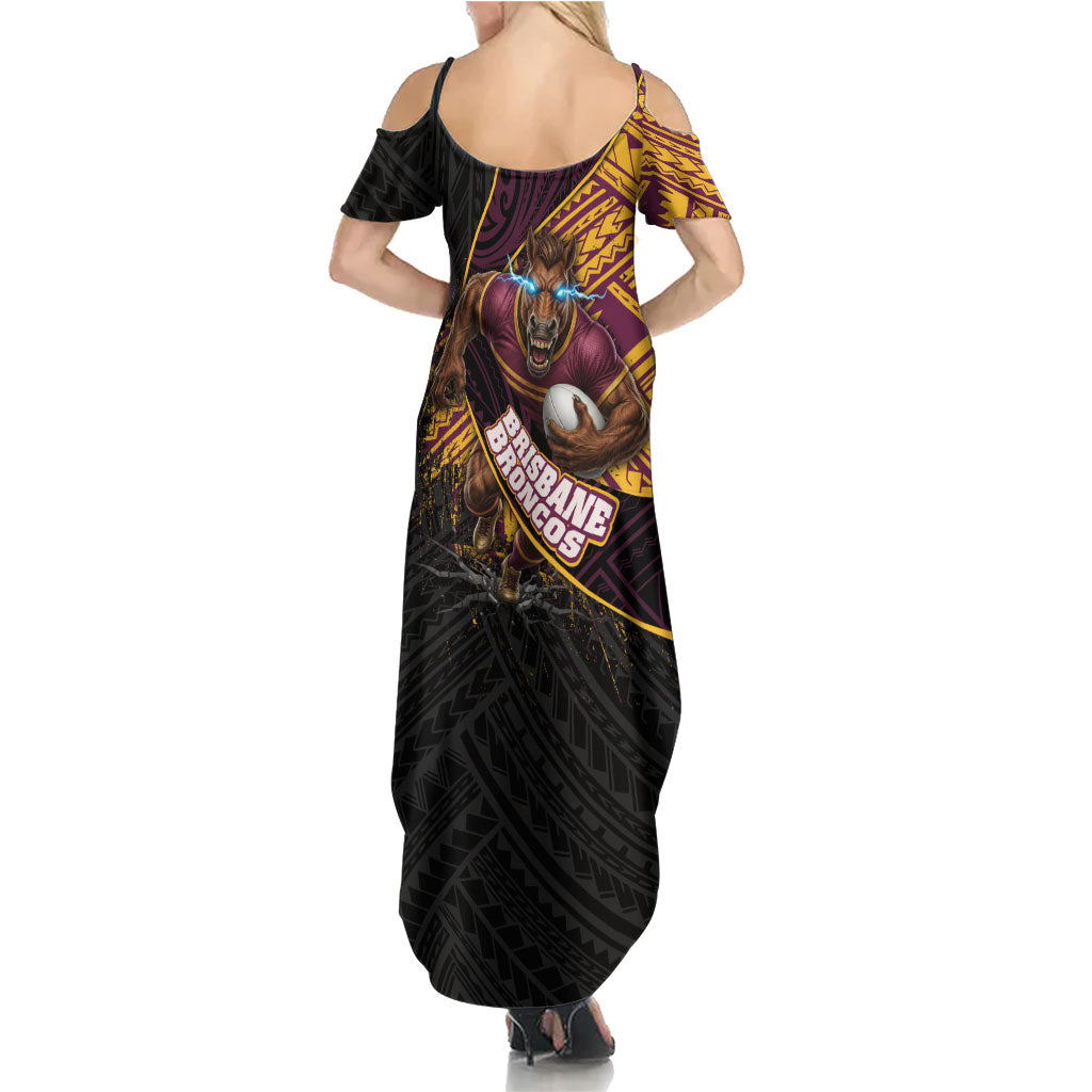 Brisbane Broncos Rugby Summer Maxi Dress Tribal Polynesian Power Art - Lightning Mascot