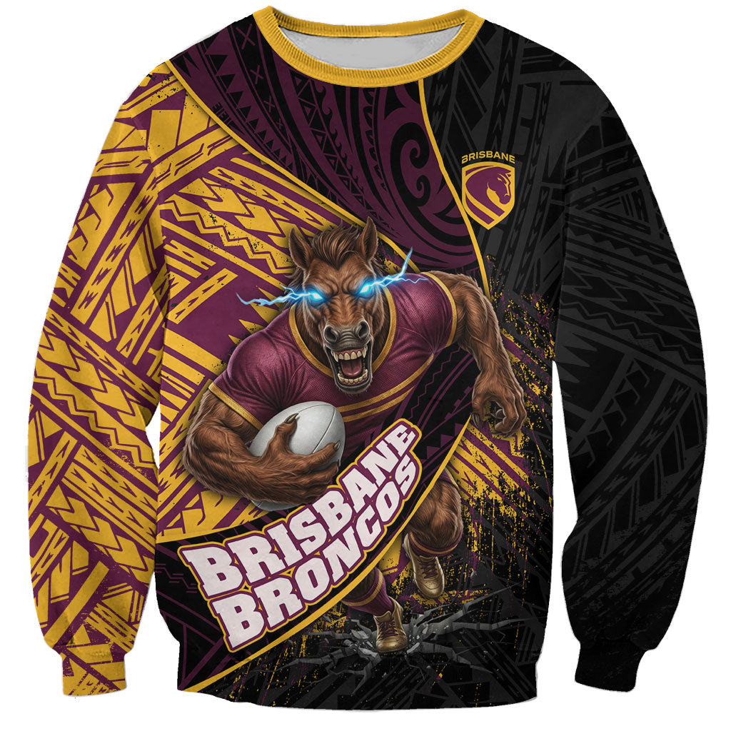 Brisbane Broncos Rugby Sweatshirt Tribal Polynesian Power Art - Lightning Mascot