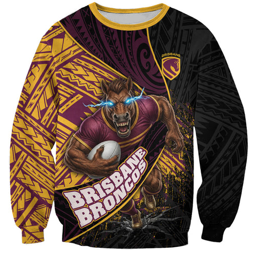 Brisbane Broncos Rugby Sweatshirt Tribal Polynesian Power Art - Lightning Mascot