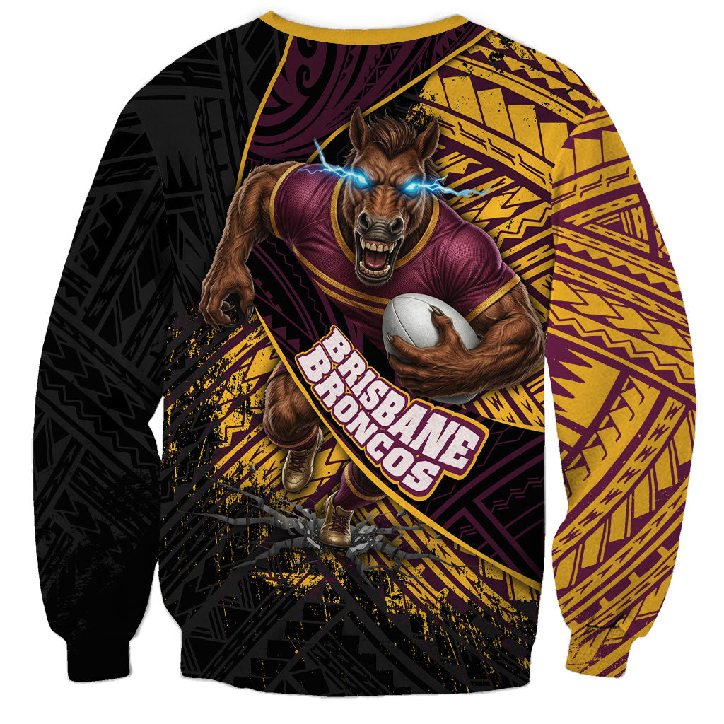 Brisbane Broncos Rugby Sweatshirt Tribal Polynesian Power Art - Lightning Mascot