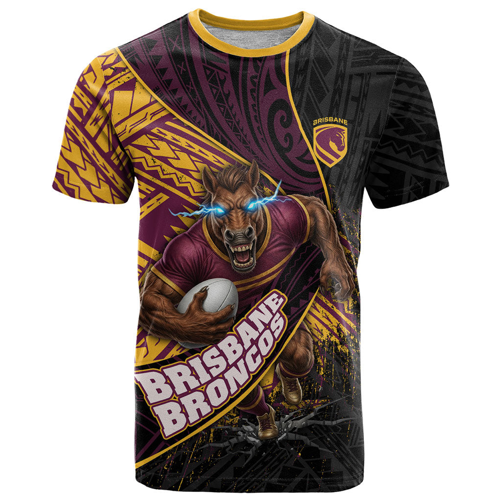 Brisbane Broncos Rugby T Shirt Tribal Polynesian Power Art - Lightning Mascot