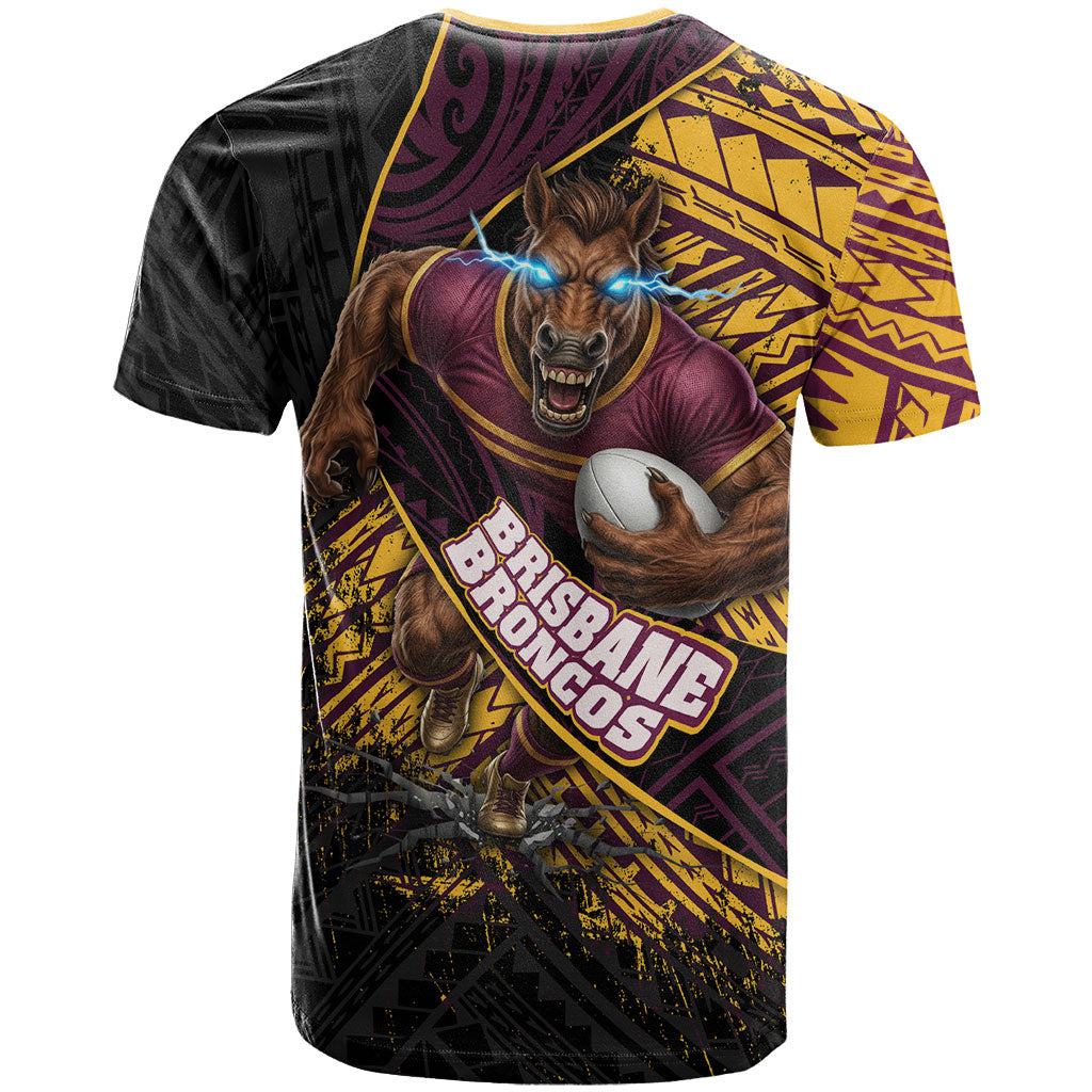 Brisbane Broncos Rugby T Shirt Tribal Polynesian Power Art - Lightning Mascot