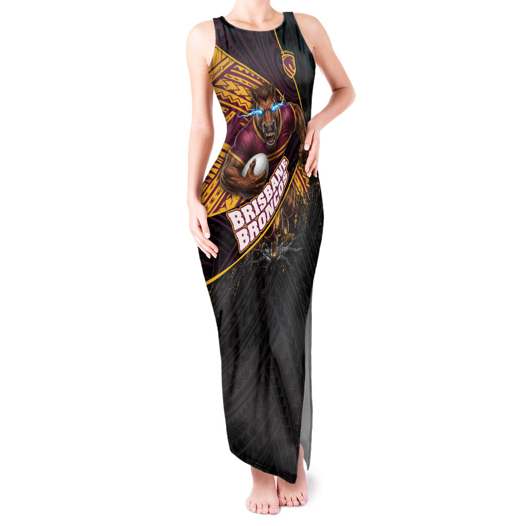 Brisbane Broncos Rugby Tank Maxi Dress Tribal Polynesian Power Art - Lightning Mascot