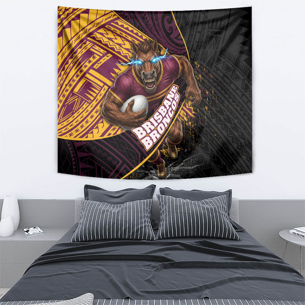 Brisbane Broncos Rugby Tapestry Tribal Polynesian Power Art - Lightning Mascot