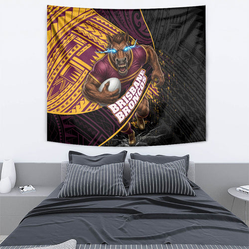 Brisbane Broncos Rugby Tapestry Tribal Polynesian Power Art - Lightning Mascot