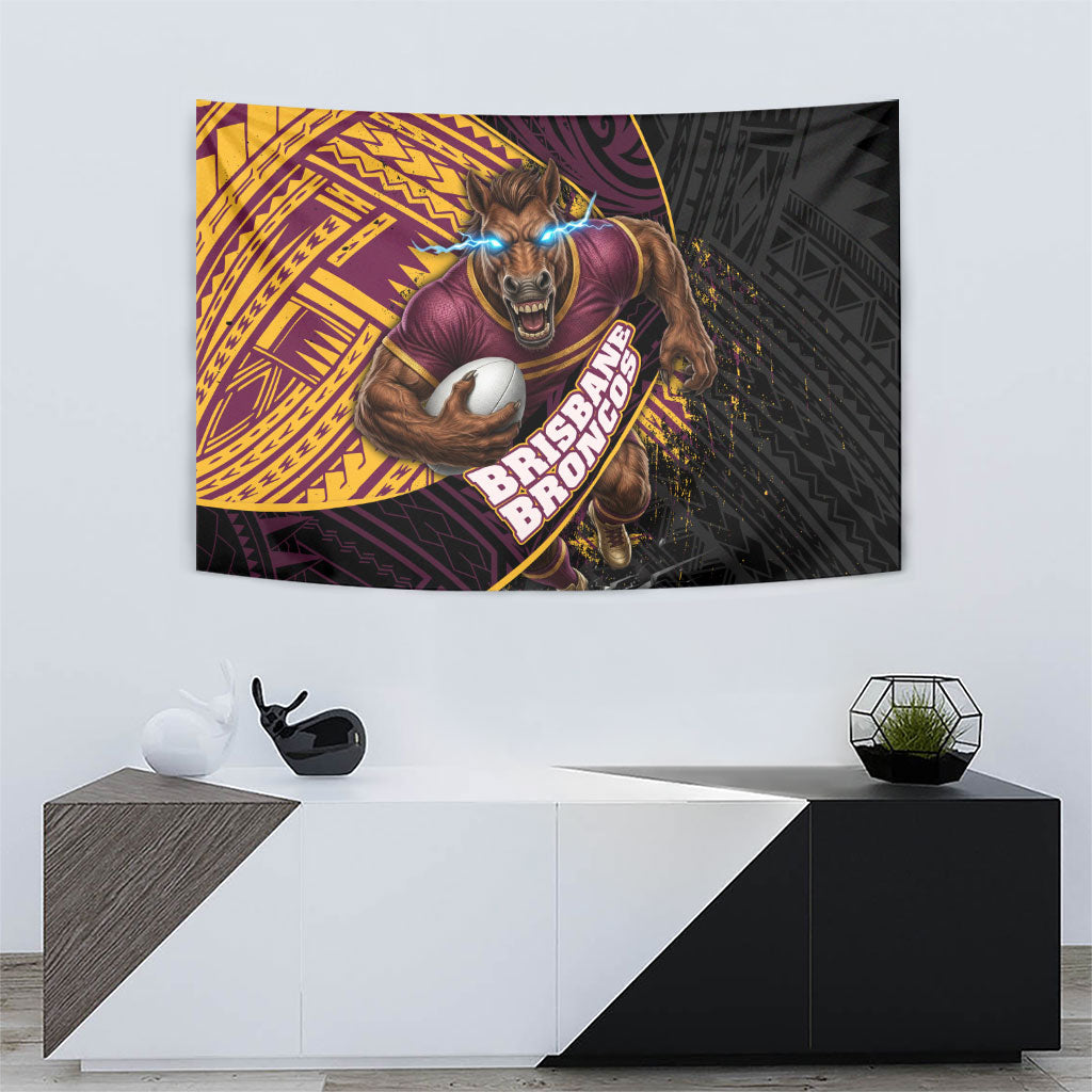 Brisbane Broncos Rugby Tapestry Tribal Polynesian Power Art - Lightning Mascot