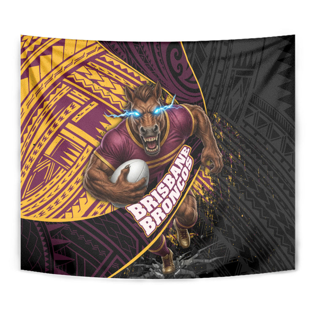 Brisbane Broncos Rugby Tapestry Tribal Polynesian Power Art - Lightning Mascot