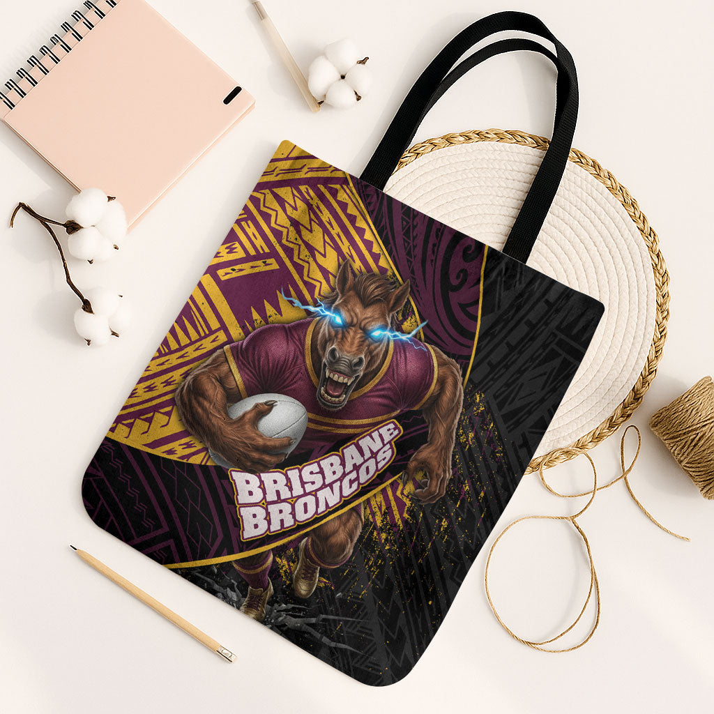 Brisbane Broncos Rugby Tote Bag Tribal Polynesian Power Art - Lightning Mascot