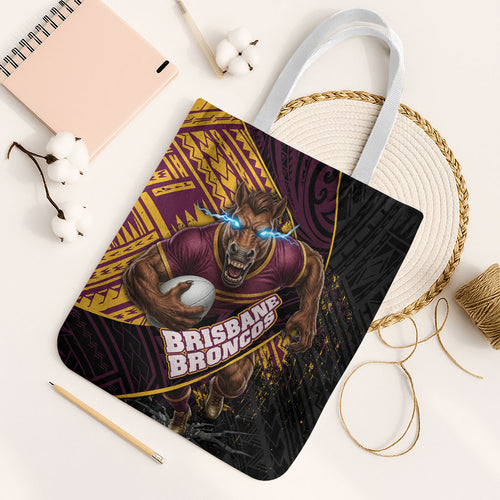 Brisbane Broncos Rugby Tote Bag Tribal Polynesian Power Art - Lightning Mascot