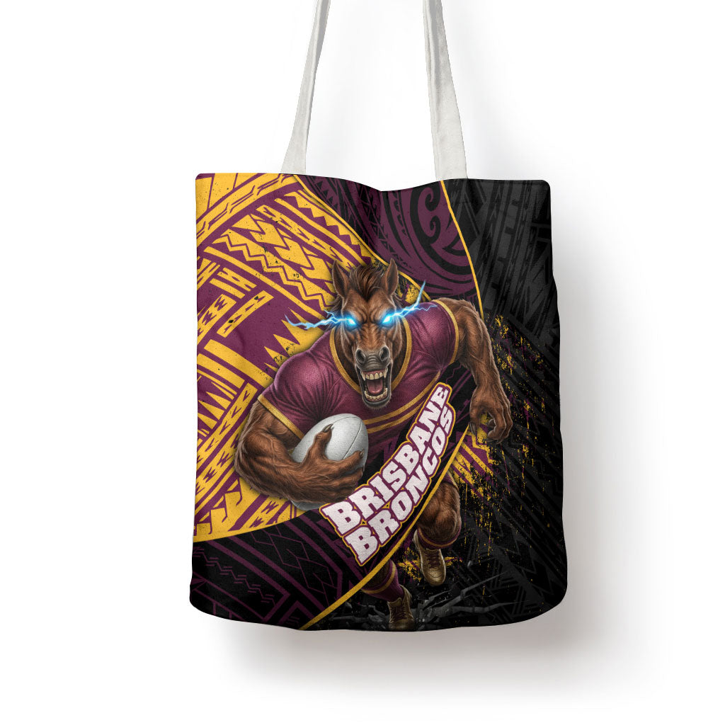 Brisbane Broncos Rugby Tote Bag Tribal Polynesian Power Art - Lightning Mascot