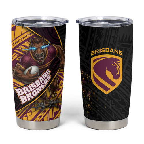 Brisbane Broncos Rugby Tumbler Cup Tribal Polynesian Power Art - Lightning Mascot