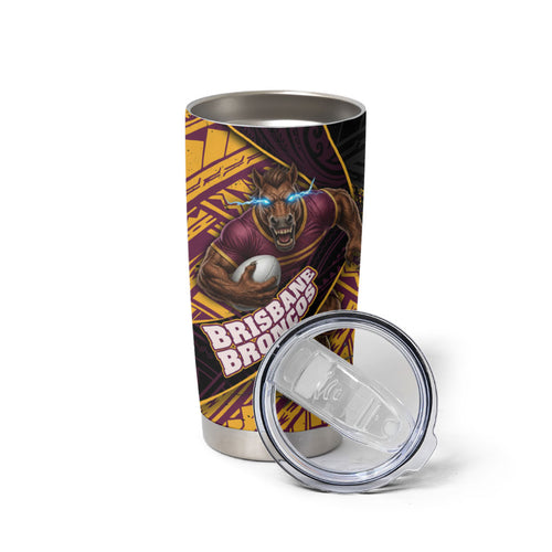 Brisbane Broncos Rugby Tumbler Cup Tribal Polynesian Power Art - Lightning Mascot