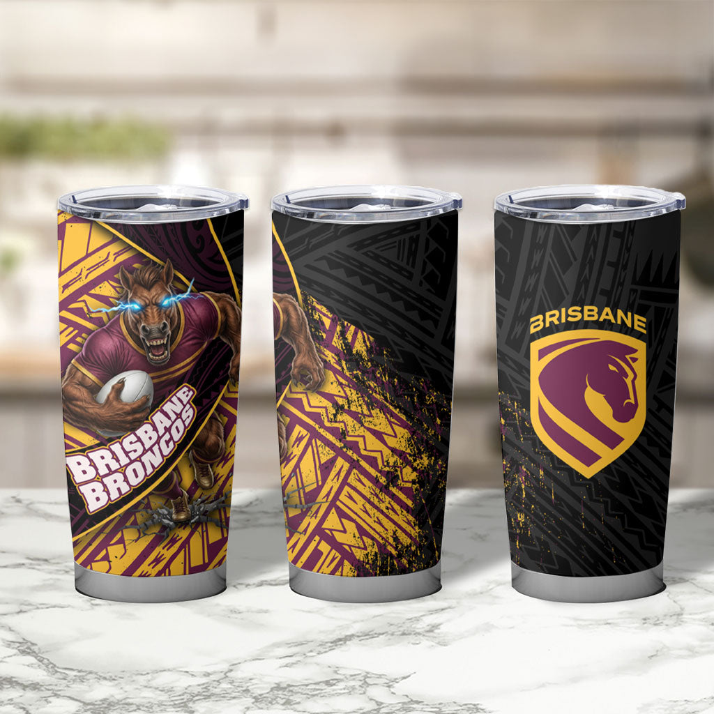 Brisbane Broncos Rugby Tumbler Cup Tribal Polynesian Power Art - Lightning Mascot