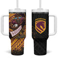 Brisbane Broncos Rugby Tumbler With Handle Tribal Polynesian Power Art - Lightning Mascot