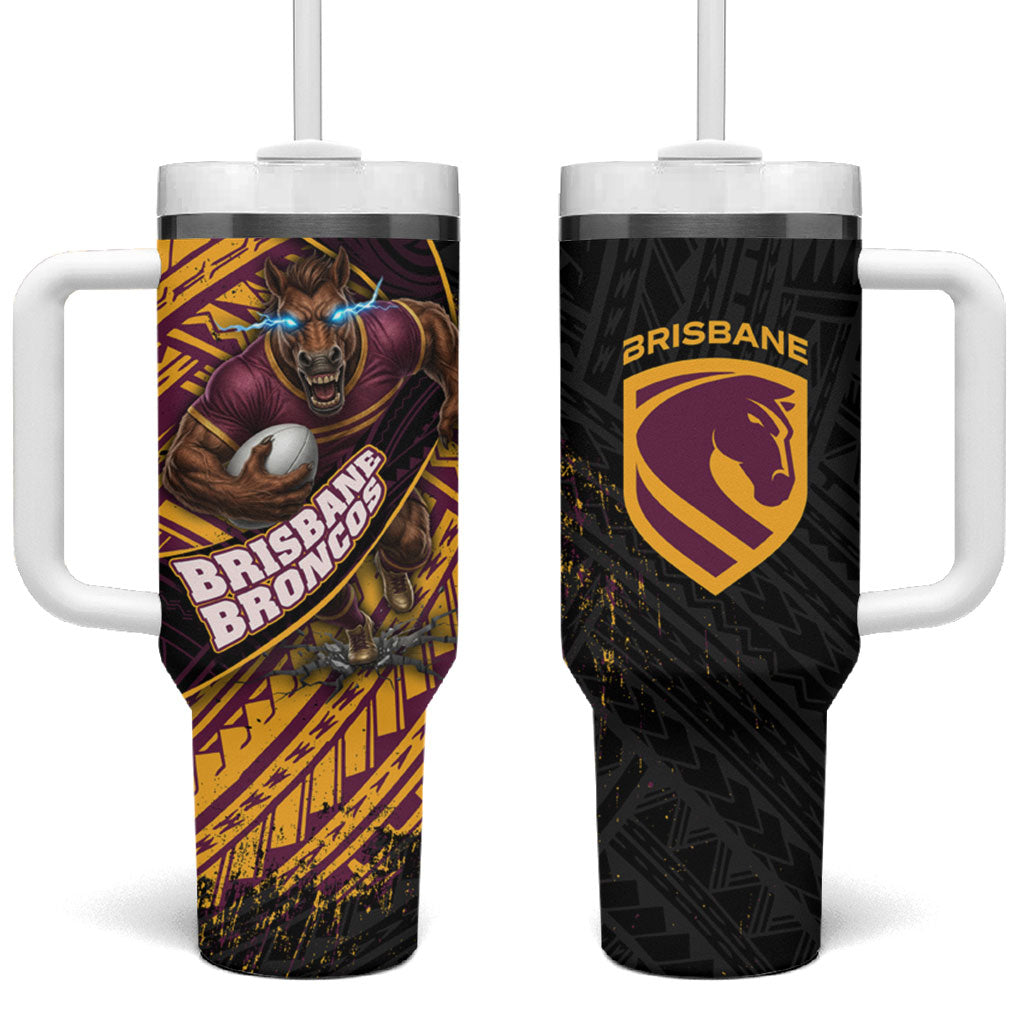 Brisbane Broncos Rugby Tumbler With Handle Tribal Polynesian Power Art - Lightning Mascot