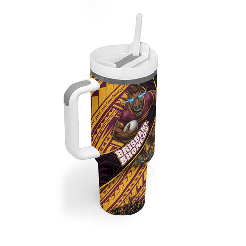 Brisbane Broncos Rugby Tumbler With Handle Tribal Polynesian Power Art - Lightning Mascot