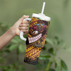 Brisbane Broncos Rugby Tumbler With Handle Tribal Polynesian Power Art - Lightning Mascot