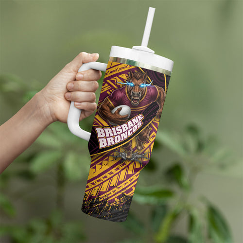 Brisbane Broncos Rugby Tumbler With Handle Tribal Polynesian Power Art - Lightning Mascot