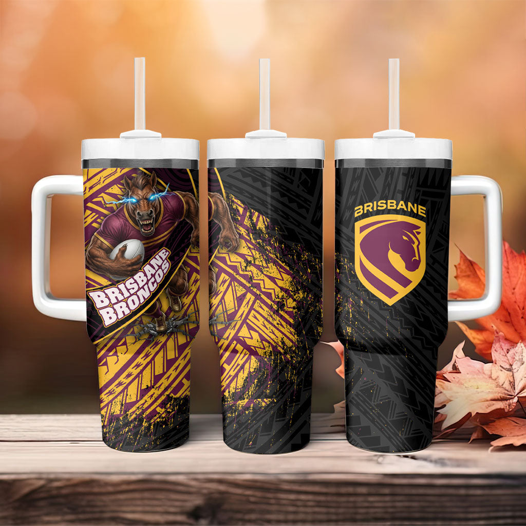 Brisbane Broncos Rugby Tumbler With Handle Tribal Polynesian Power Art - Lightning Mascot